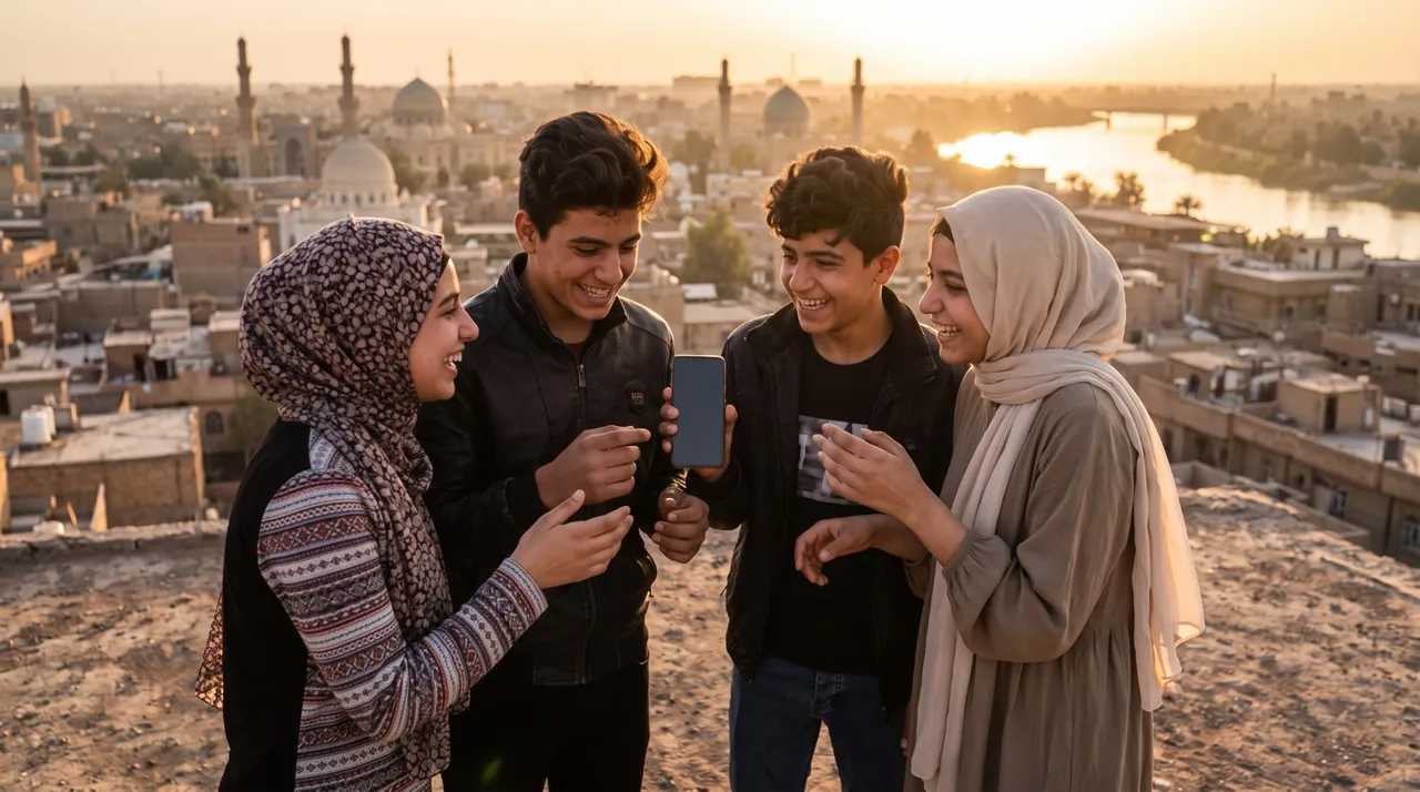 طلاب يضحكون حول هاتف على سطح في بغداد وقت الغروب