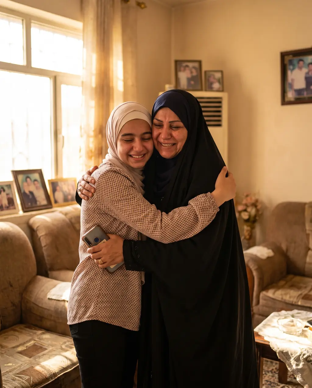 طالبة تحضن أمها بفرح يوم النتائج
