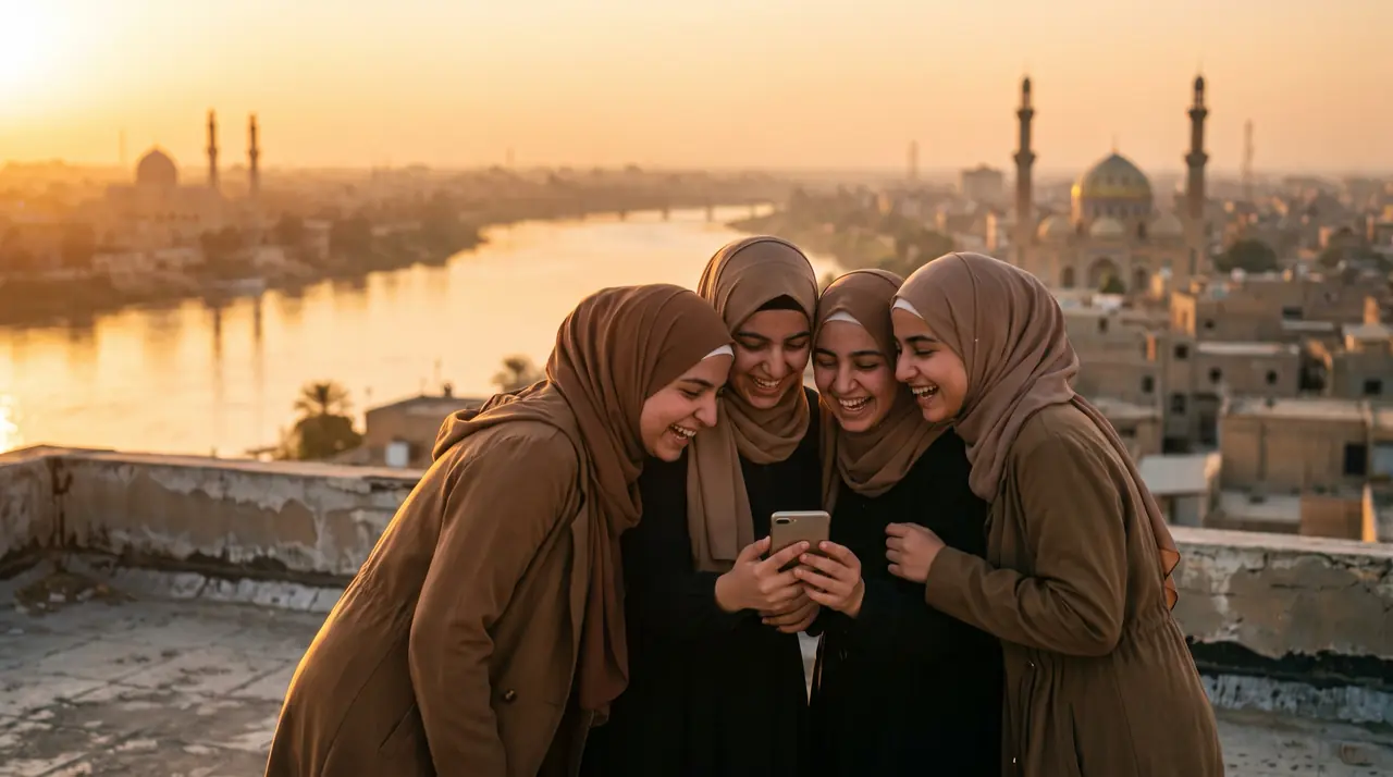 طالبات يضحكن حول هاتف على سطح في بغداد وقت الغروب
