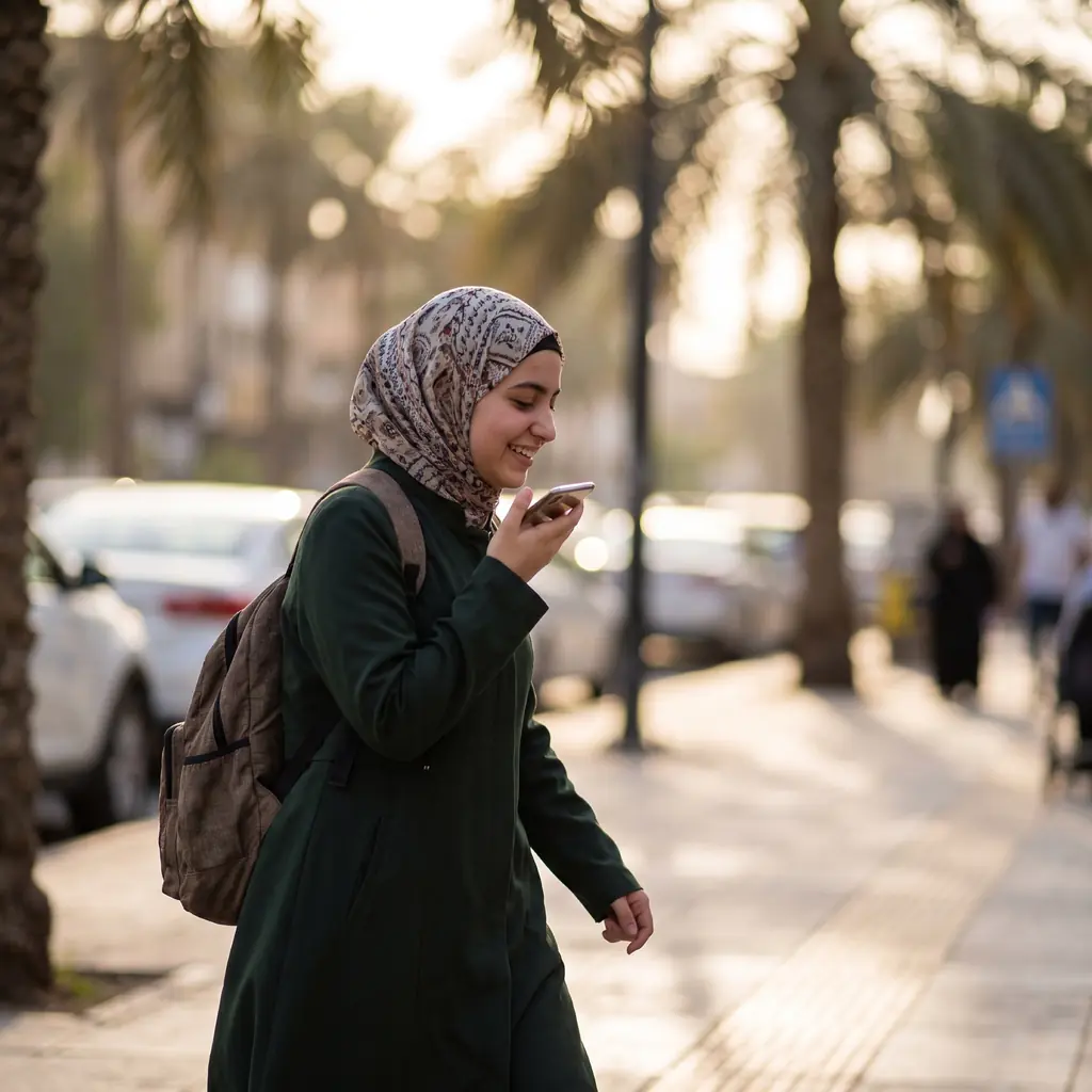 طالبة تمشي وترسل سؤالها ببصمة صوت